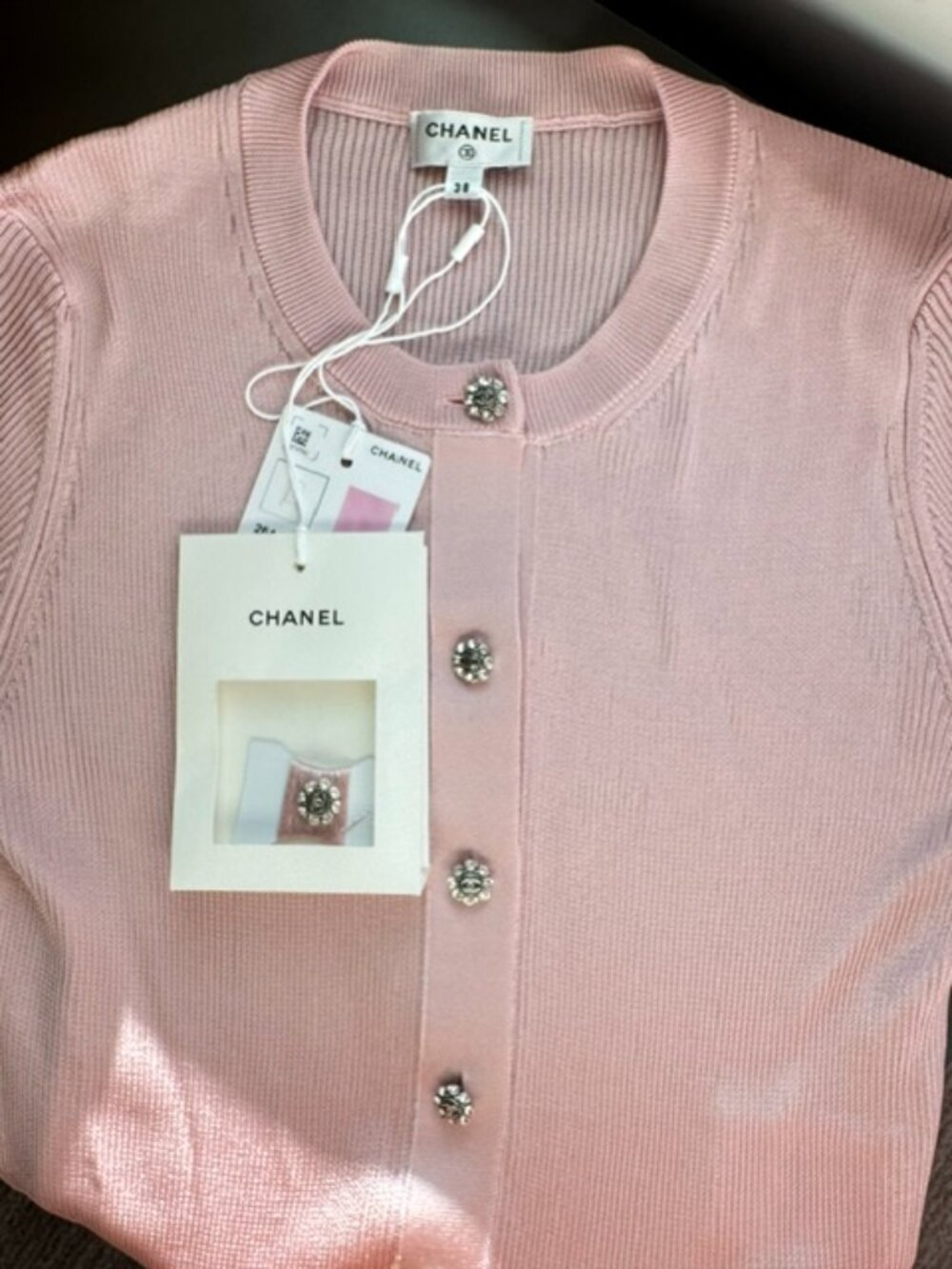 Chanel 2026 Pre Fall Metiers D'art Blazy Pink Crystal Button Cardigan Sz 38 NWT